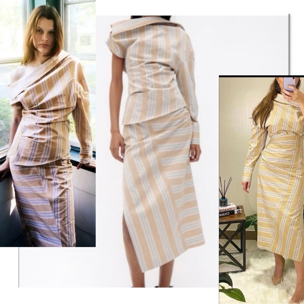 Zara beige striped asymmetrical one shoulder shirt top blouse Sz XS - Picture 2 of 11